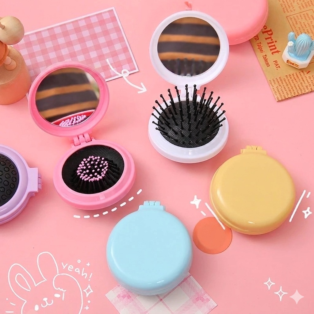 Sisir Lipat Portable 2in1 (Sisir + Cermin Mini Bulat) - HITAM