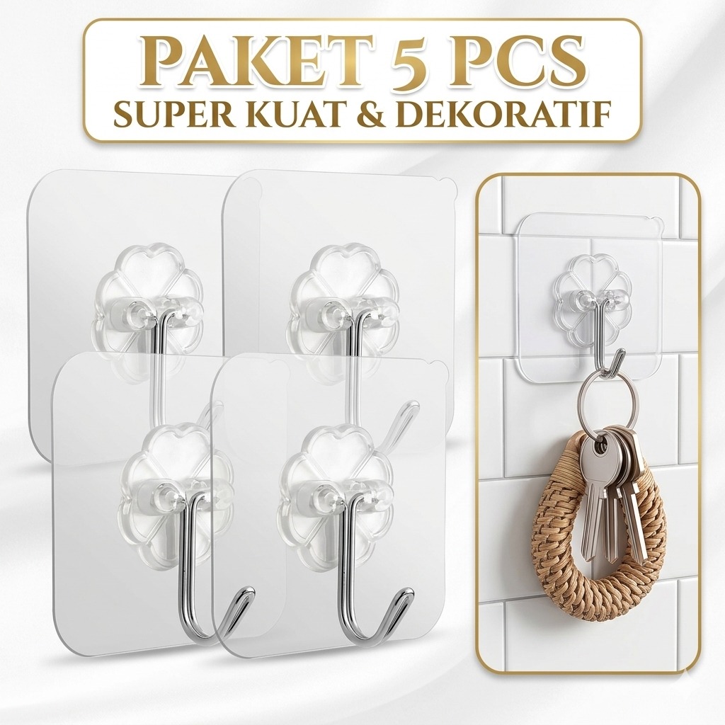 (Isi 5) Magic Hook J Transparan (Gantungan Dinding Besi)