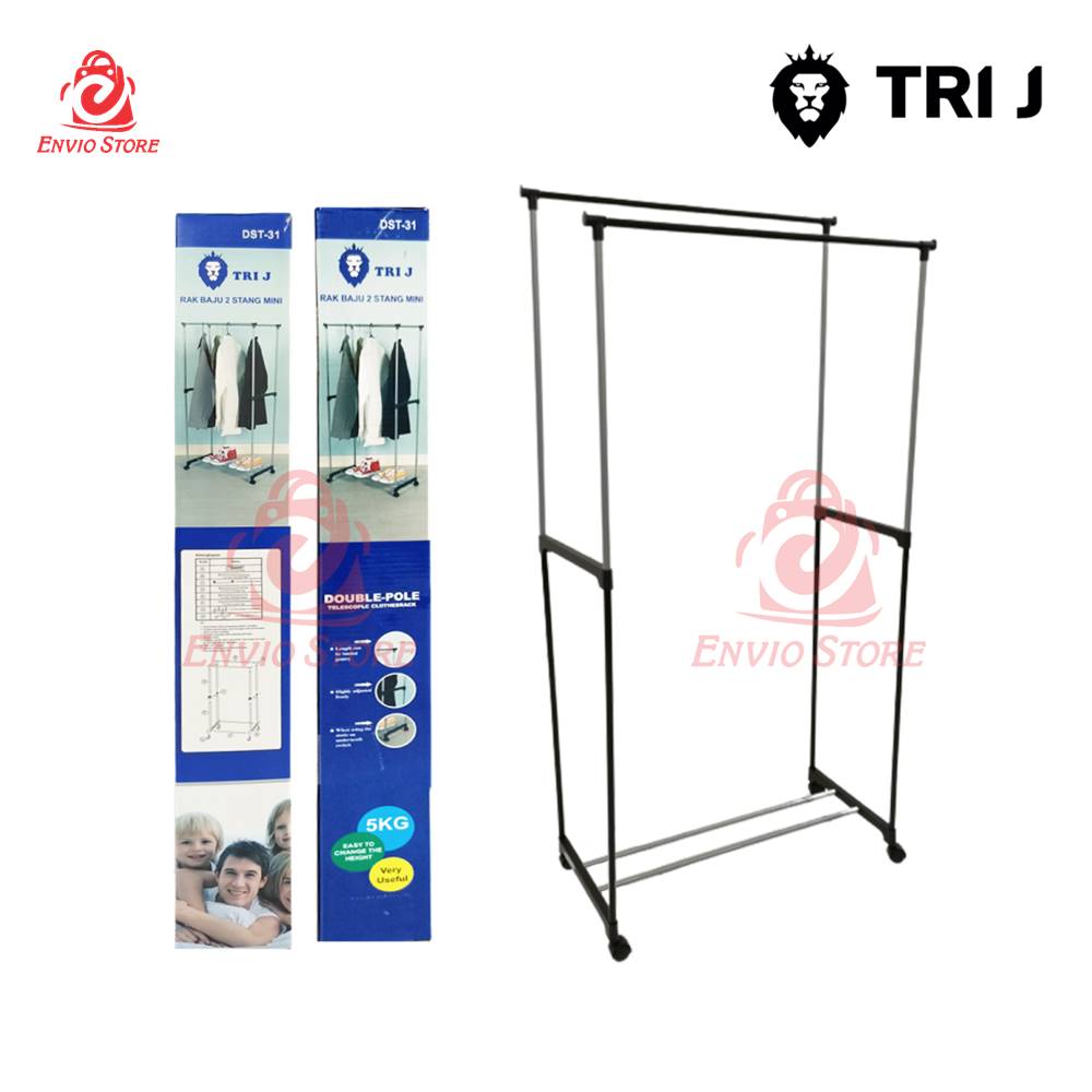 TRI J - Double Rod Rack Double Pole - Rak Baju Gantung 2 Lapis + Roda