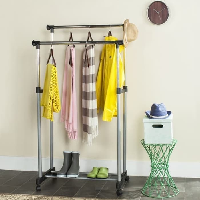 TRI J - Double Rod Rack Double Pole - Rak Baju Gantung 2 Lapis + Roda