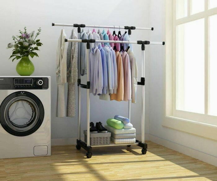 TRI J - Double Rod Rack Double Pole - Rak Baju Gantung 2 Lapis + Roda