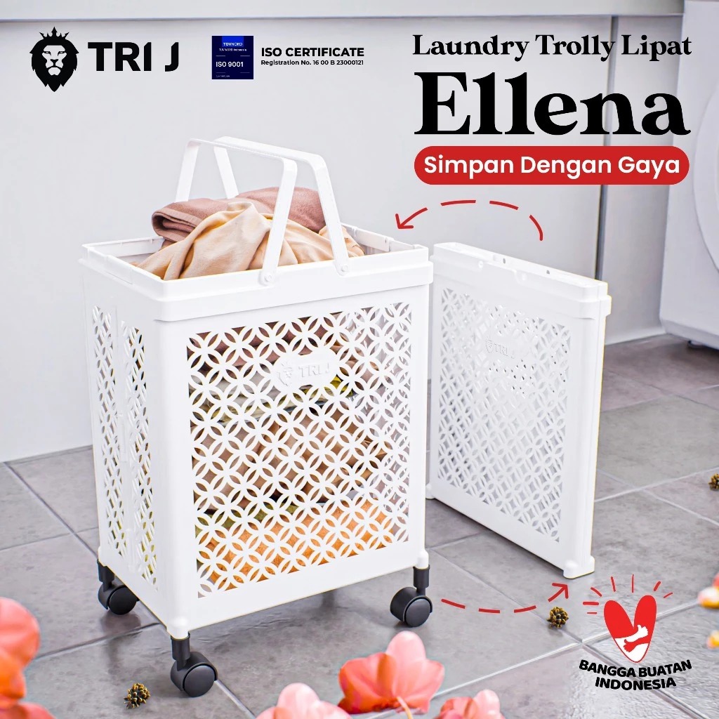 TRI J - Laundry Trolly Lipat Ellena - PUTIH (Keranjang Baju Kotor)