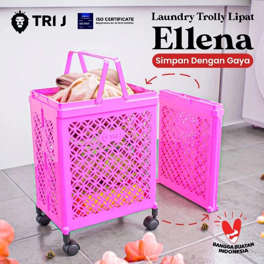 TRI J - Laundry Trolly Lipat Ellena - PINK (Keranjang Baju Kotor)