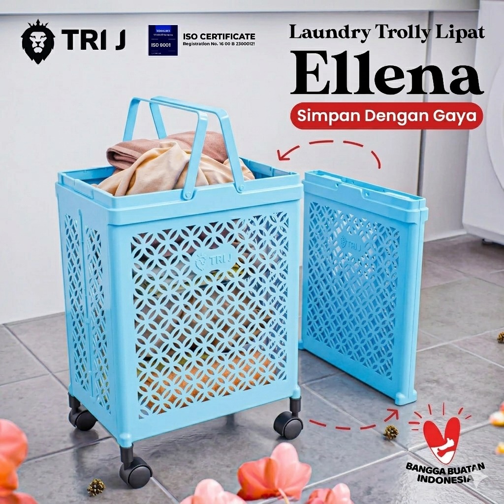 TRI J - Laundry Trolly Lipat Ellena - BIRU (Keranjang Baju Kotor)