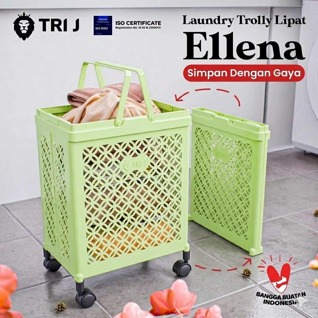 TRI J - Laundry Trolly Lipat Ellena - HIJAU (Keranjang Baju Kotor)
