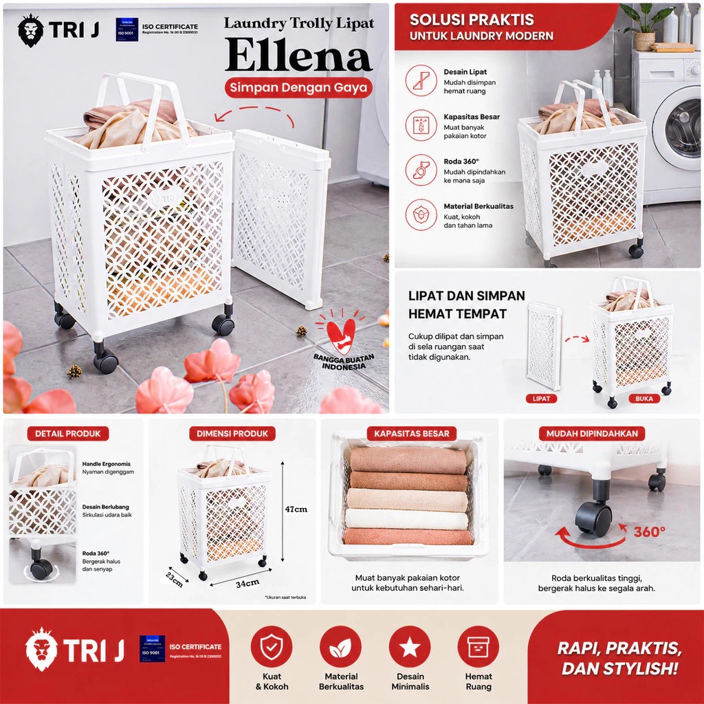 TRI J - Laundry Trolly Lipat Ellena - UNGU (Keranjang Baju Kotor)
