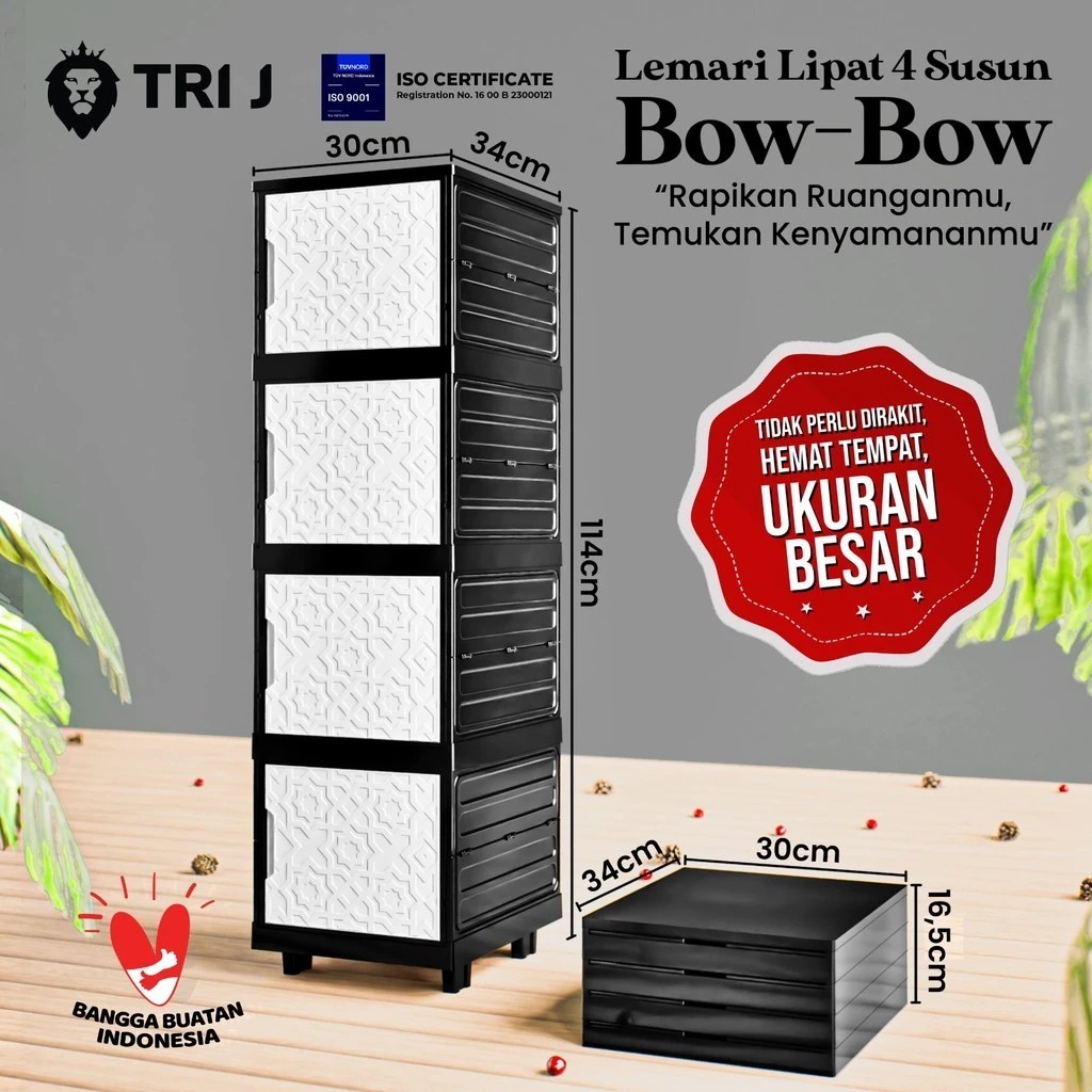 TRI J - Lemari Lipat 4 Susun Bow-Bow - PUTIH (Rak Baju 4 Pintu)