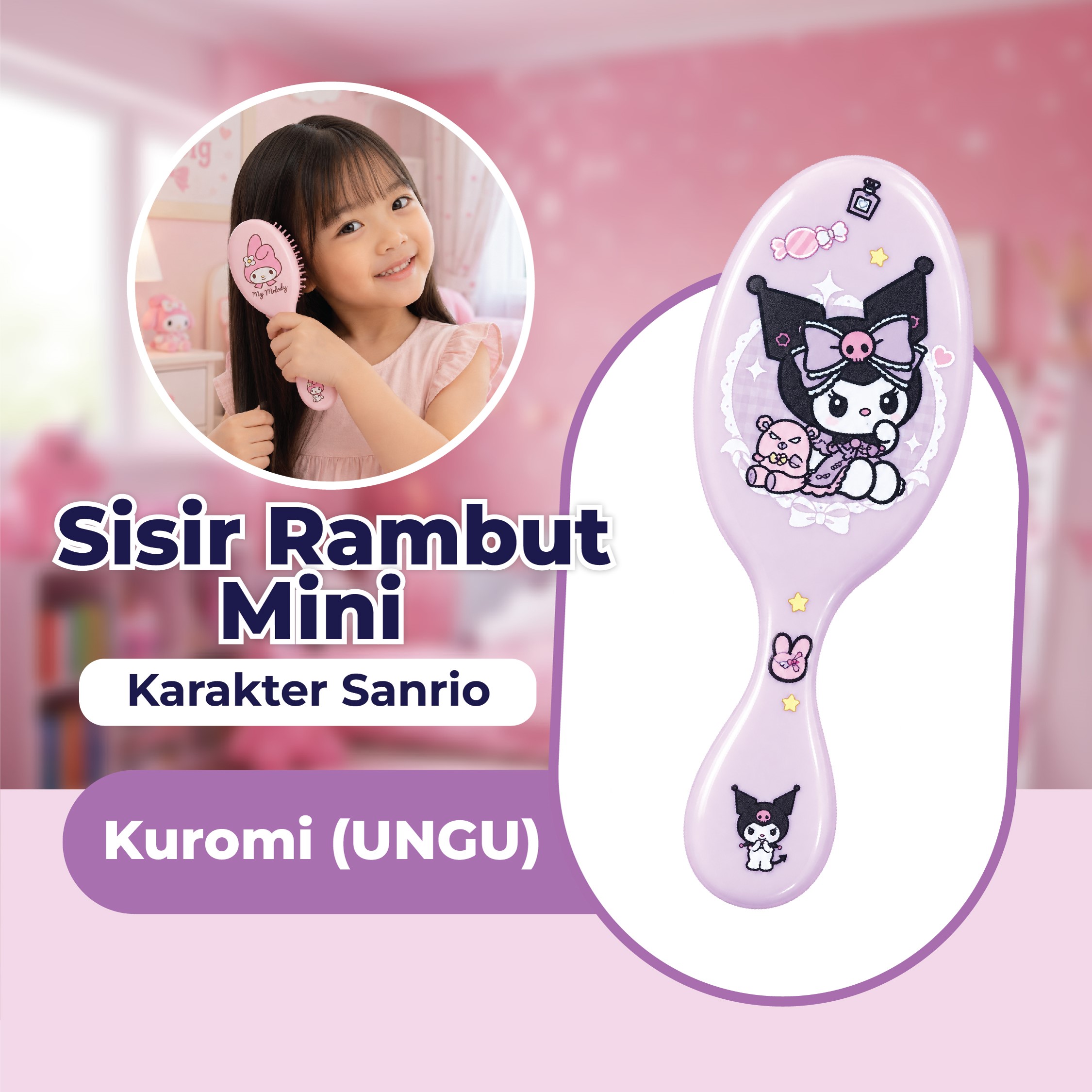 Sisir Rambut Mini Karakter Sanrio - Kuromi (UNGU)