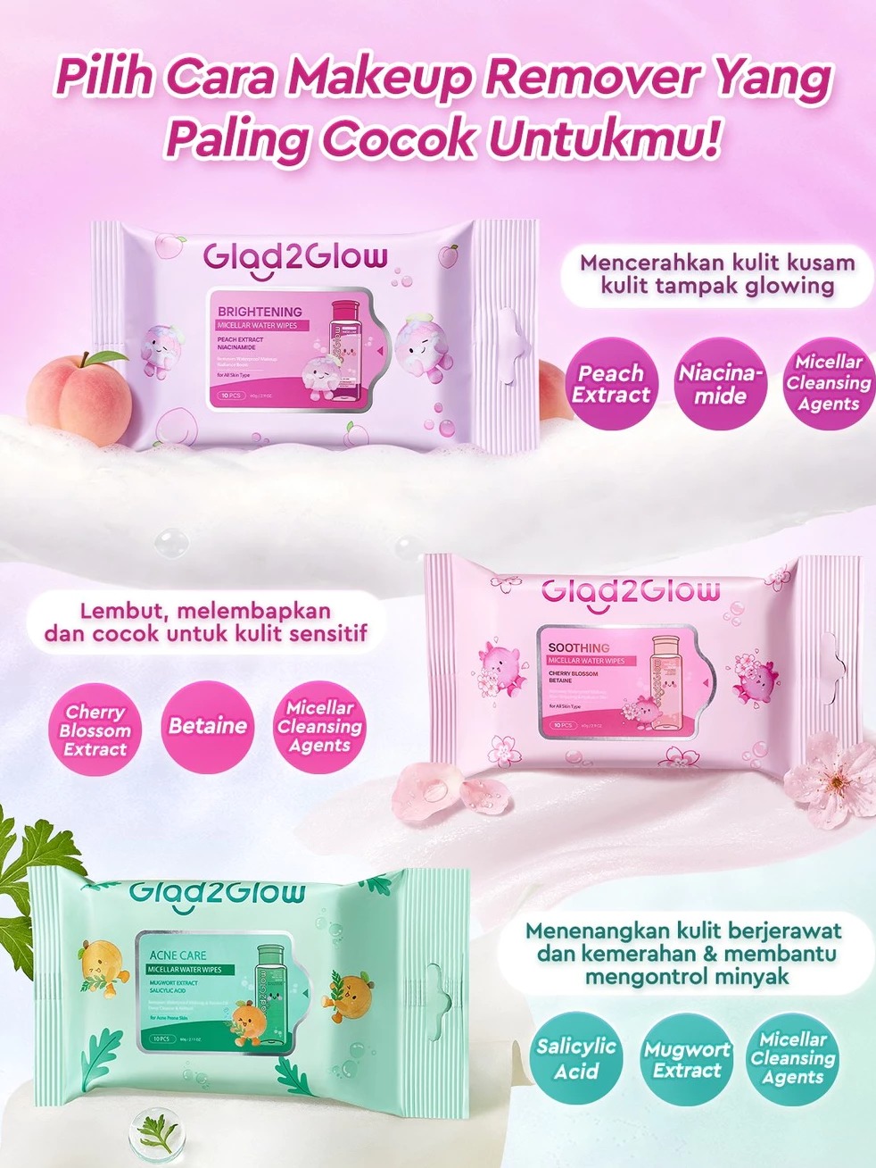 Glad 2 Glow Micellar Water Wipes 10s - Soothing (Cherry Blossom)