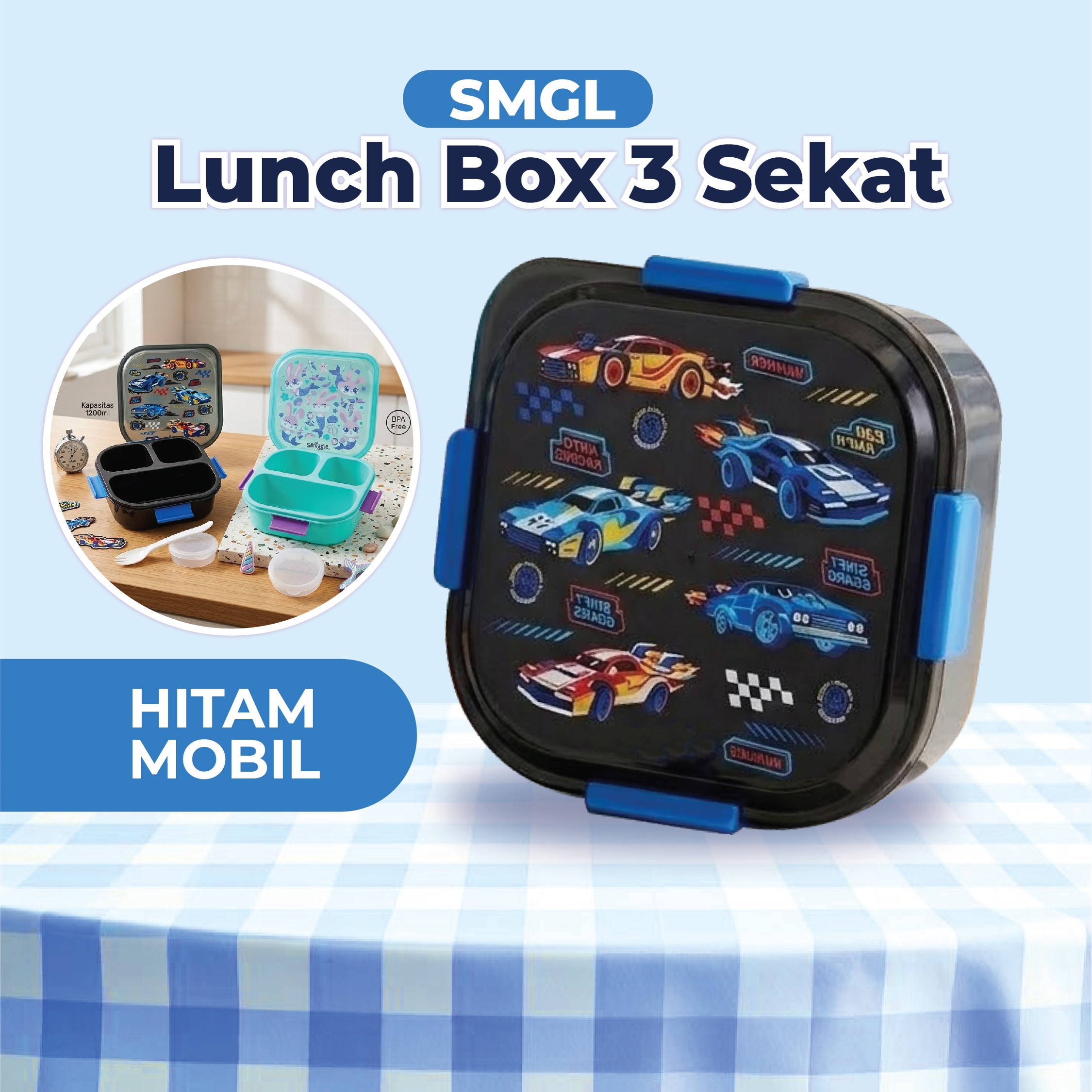 SMGL Lunch Box 3 Sekat 1200ml - Hitam Mobil (Kotak Bekal Free Sendok + Tempat Saus)