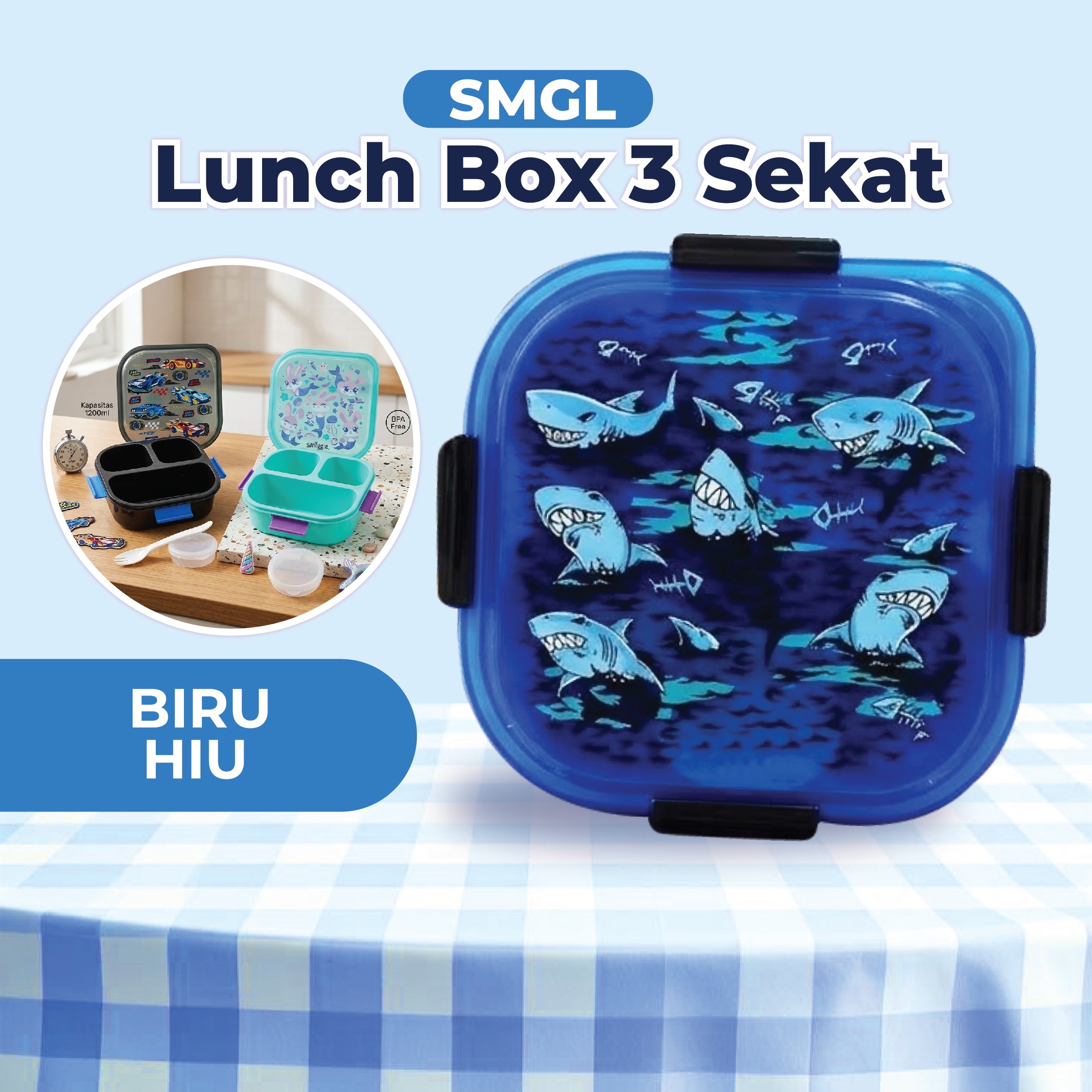 SMGL Lunch Box 3 Sekat 1200ml - Biru Hiu (Kotak Bekal Free Sendok + Tempat Saus)