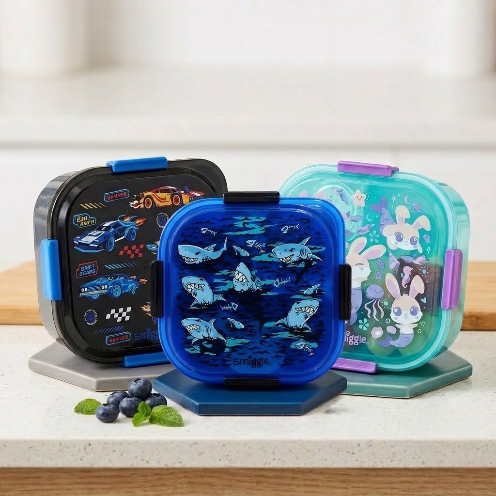 SMGL Lunch Box 3 Sekat 1200ml - Biru Hiu (Kotak Bekal Free Sendok + Tempat Saus)