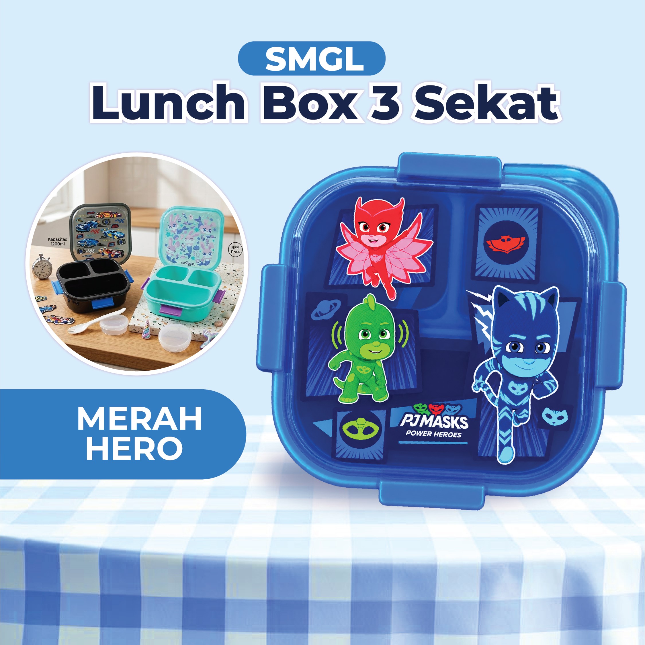 SMGL Lunch Box 3 Sekat 1200ml - Merah Hero (Kotak Bekal Free Sendok + Tempat Saus)