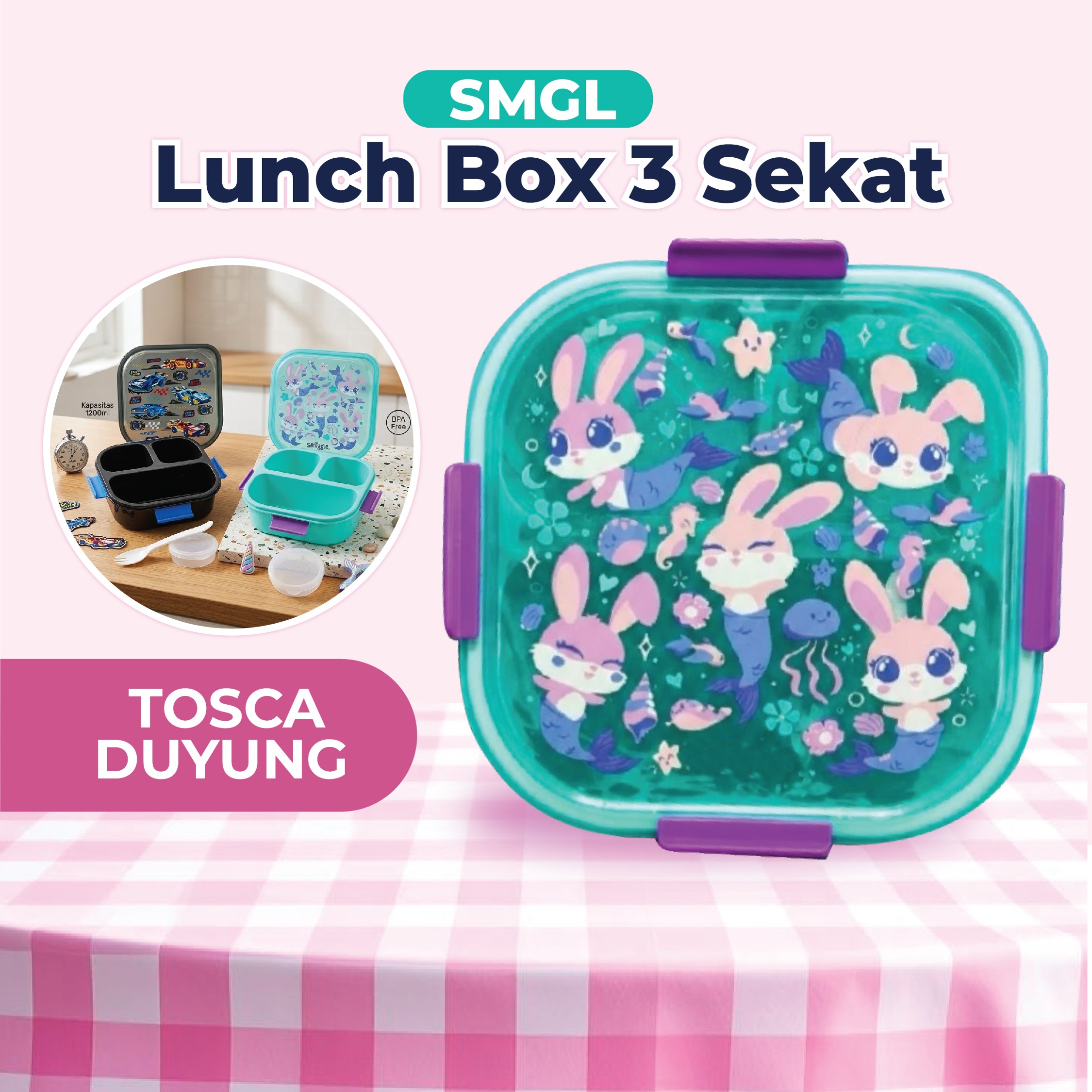 SMGL Lunch Box 3 Sekat 1200ml - Tosca Duyung (Kotak Bekal Free Sendok + Tempat Saus)