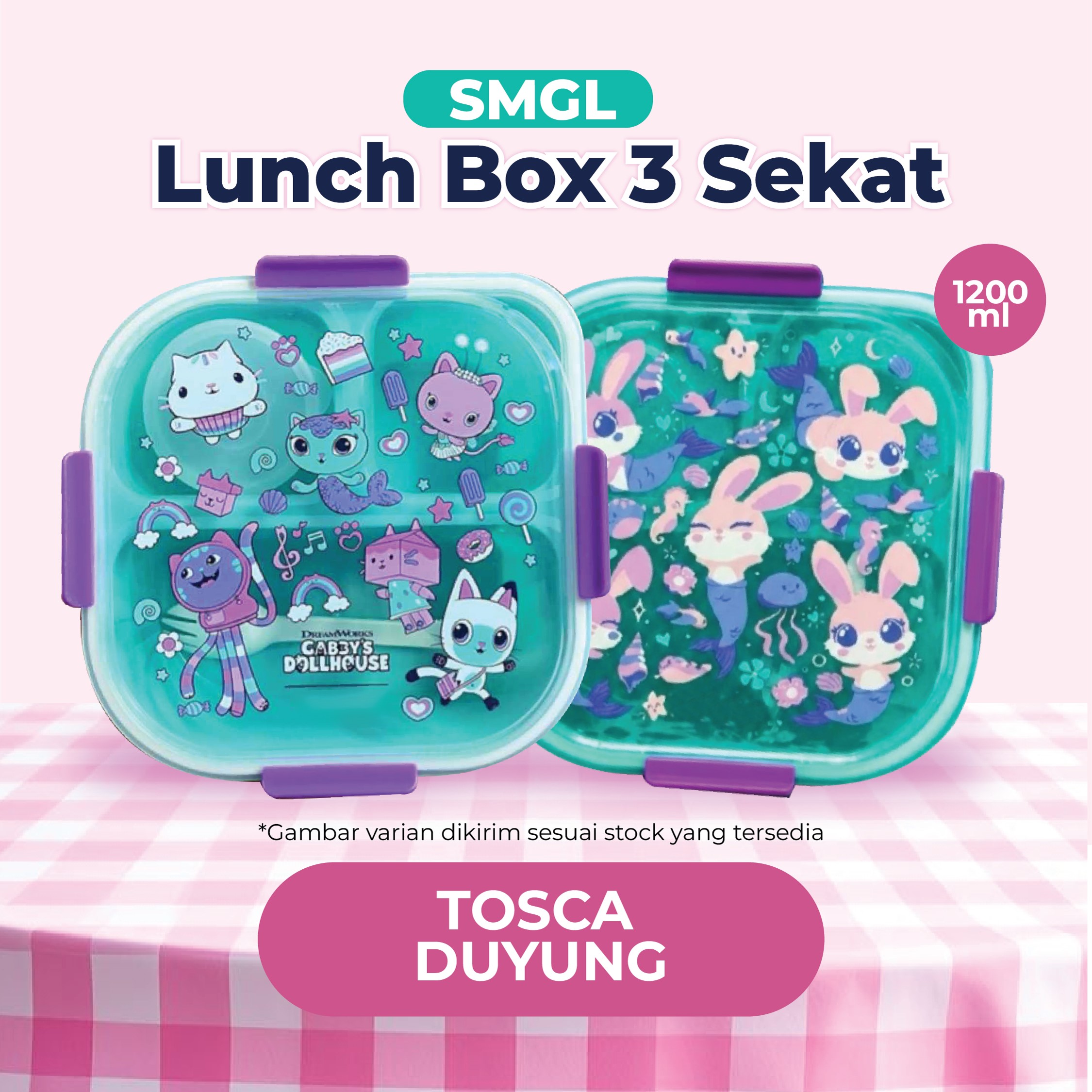 SMGL Lunch Box 3 Sekat 1200ml - Tosca Duyung (Kotak Bekal Free Sendok + Tempat Saus)