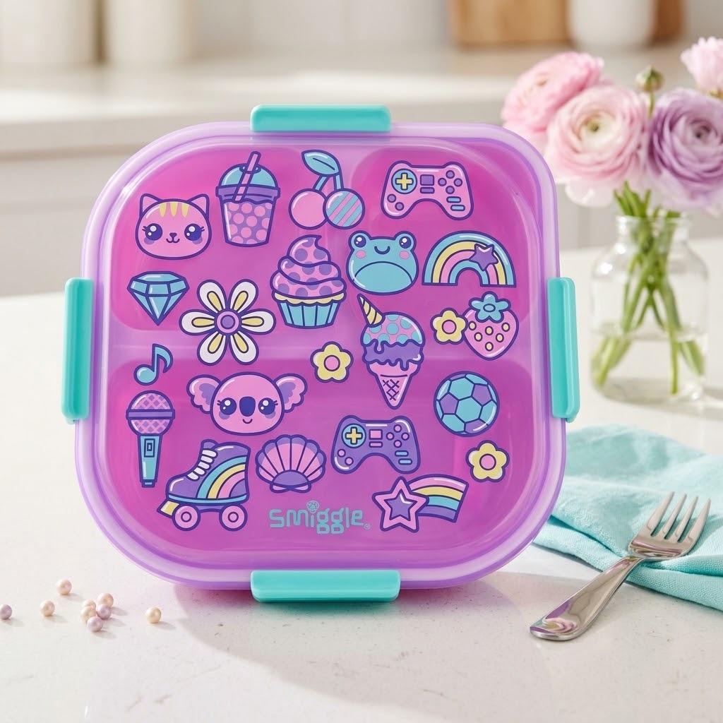 SMGL Lunch Box 3 Sekat 1200ml - Pink Ice Cream (Kotak Bekal Free Sendok + Tempat Saus)