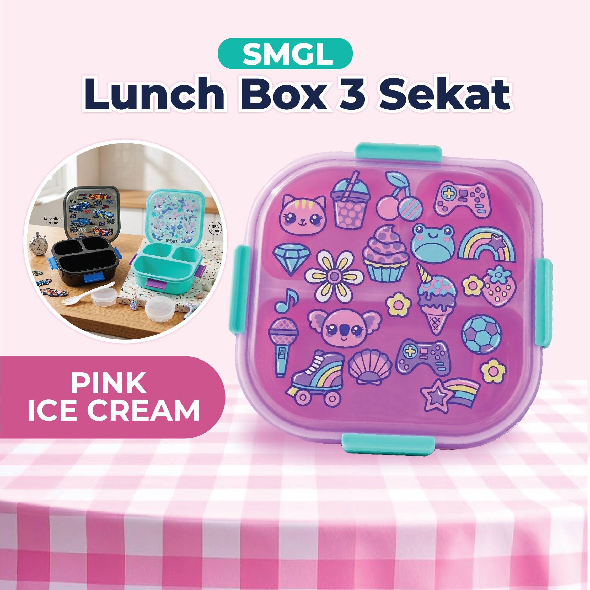 SMGL Lunch Box 3 Sekat 1200ml - Pink Ice Cream (Kotak Bekal Free Sendok + Tempat Saus)