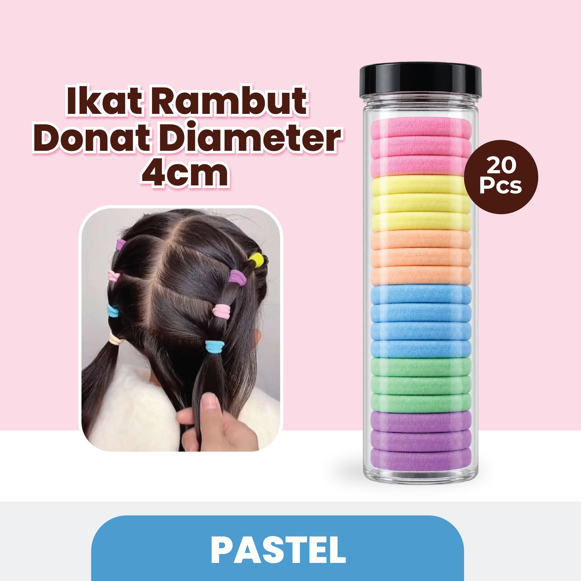 Ikat Rambut Donat Diameter 4cm Isi 20 pcs - Pastel (Pack Toples)