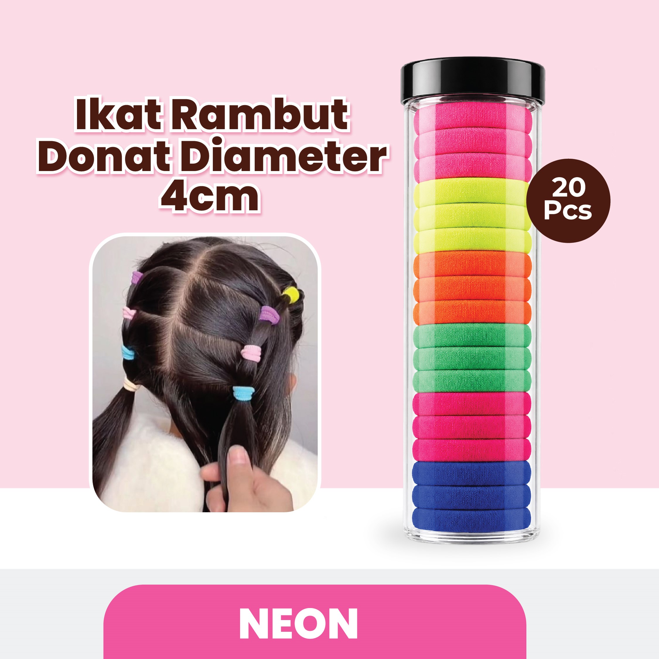 Ikat Rambut Donat Diameter 4cm Isi 20 pcs - Neon (Pack Toples)