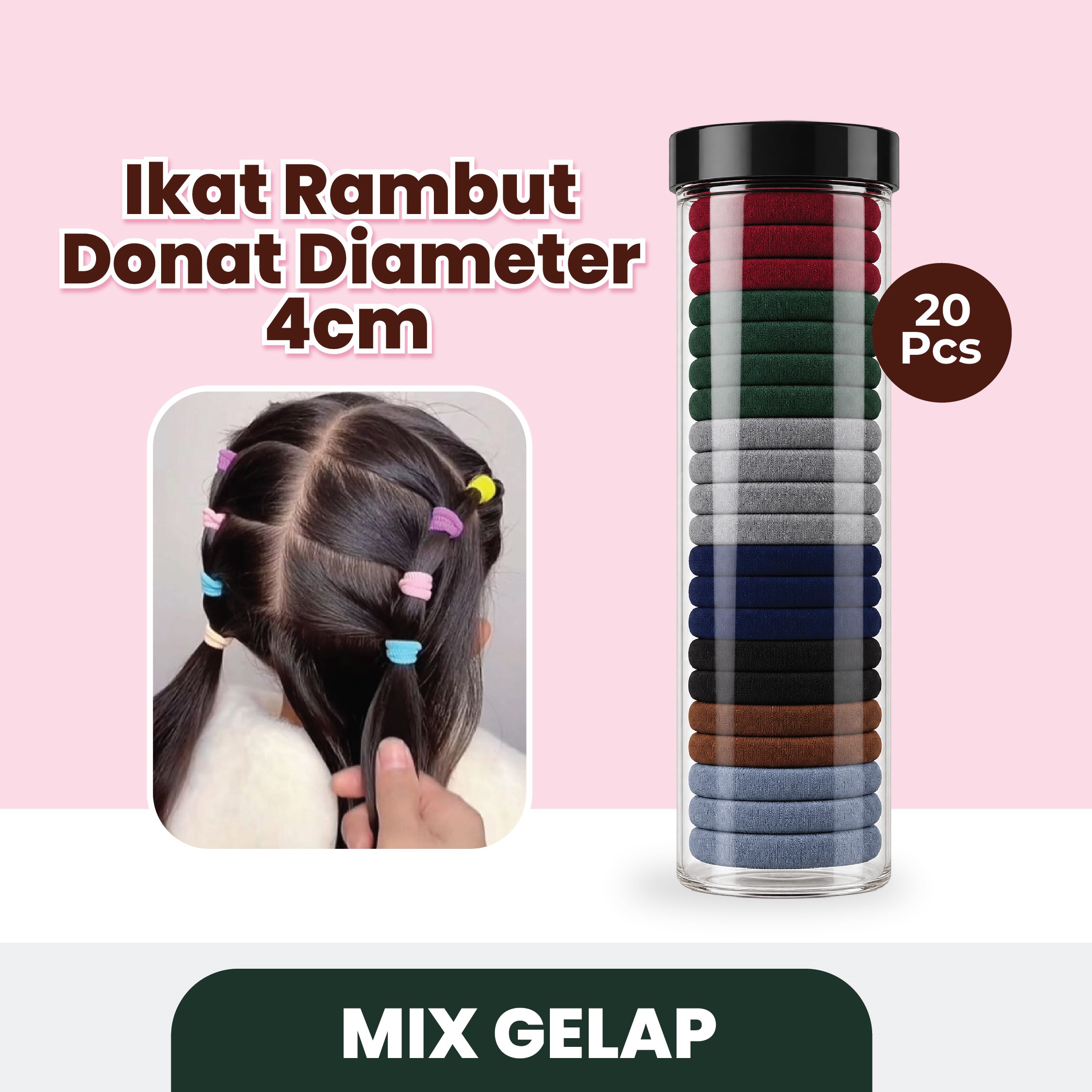 Ikat Rambut Donat Diameter 4cm Isi 20 pcs - Mix Gelap (Pack Toples)