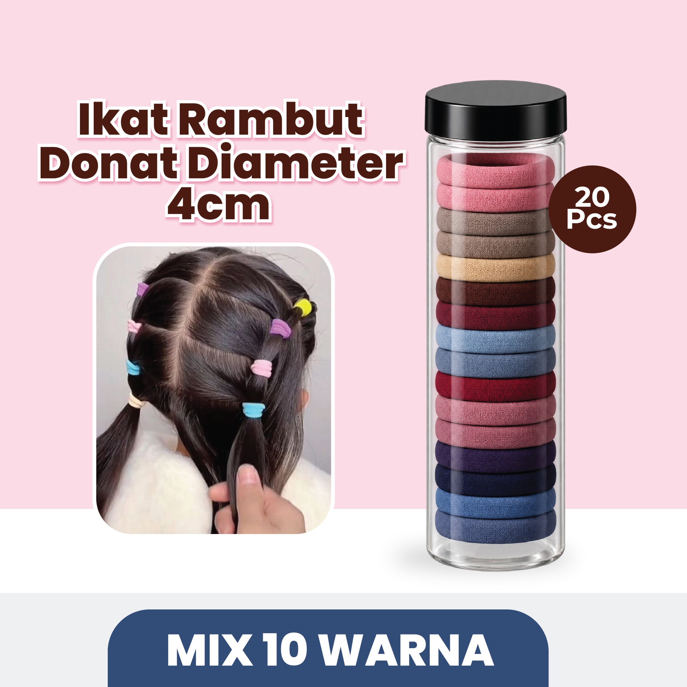 Ikat Rambut Donat Diameter 4cm Isi 20 pcs - Mix 10 Warna (Pack Toples)