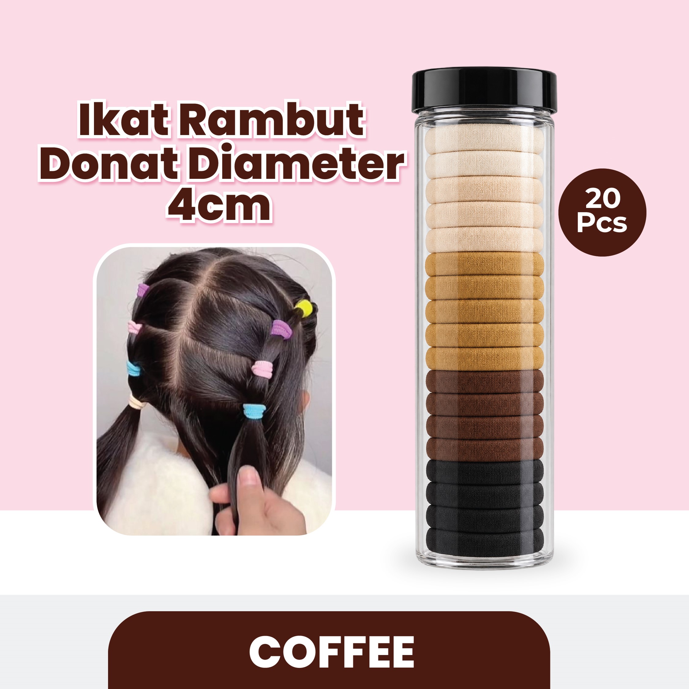 Ikat Rambut Donat Diameter 4cm Isi 20 pcs - Coffee (Pack Toples)