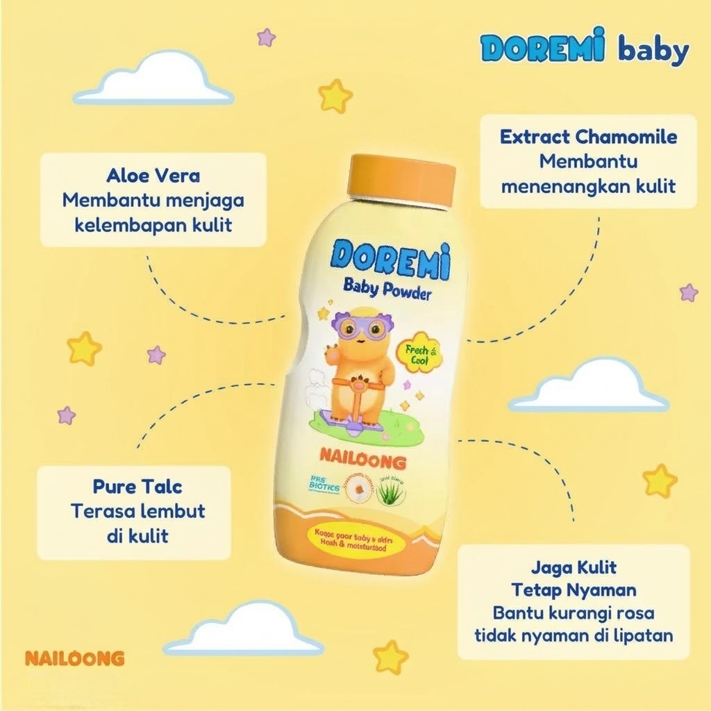 Doremi Baby Powder 150gr - Nailoong Fresh & Cool (KUNING)