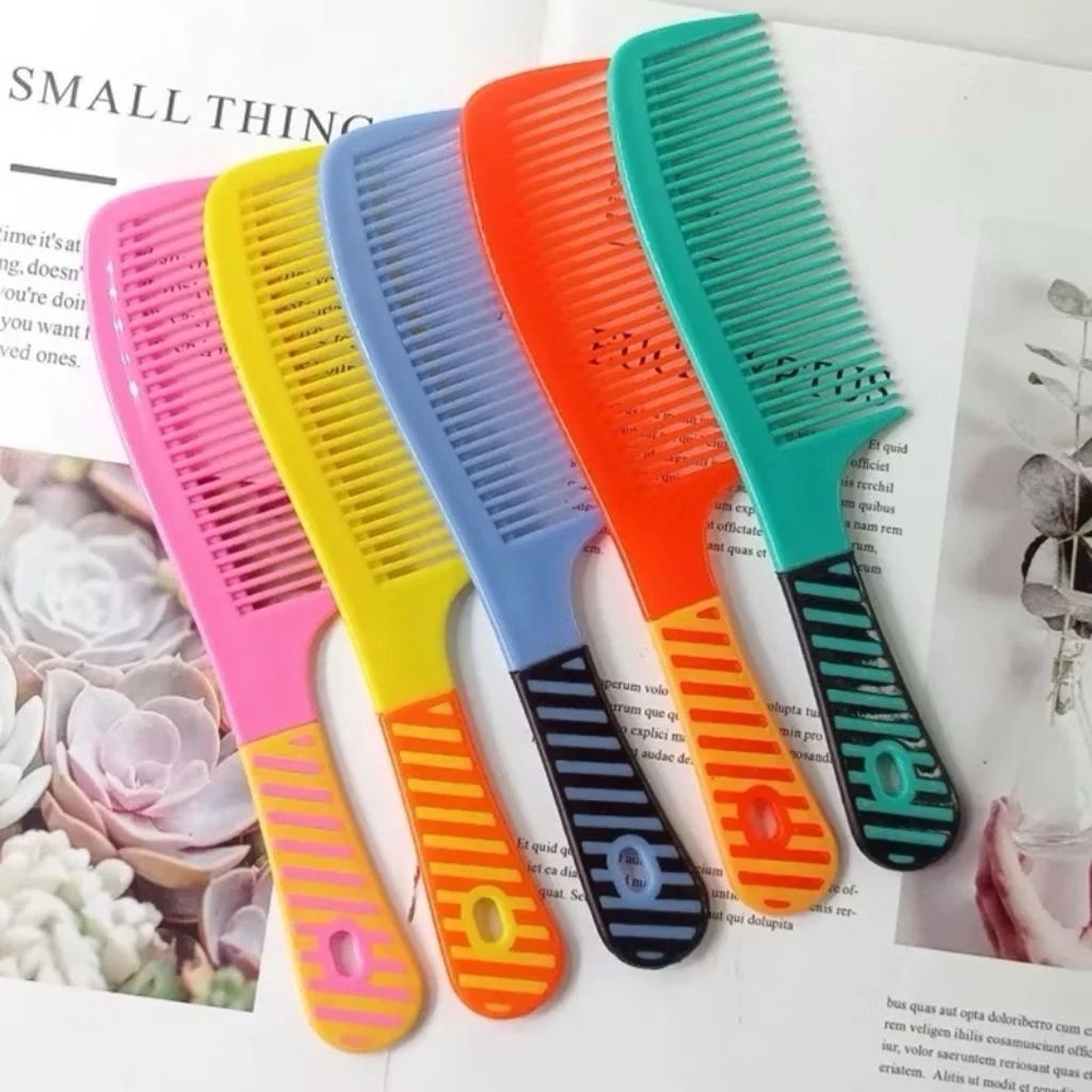 (ISI 12) Sisir Rambut Gagang Motif Garis - MIX
