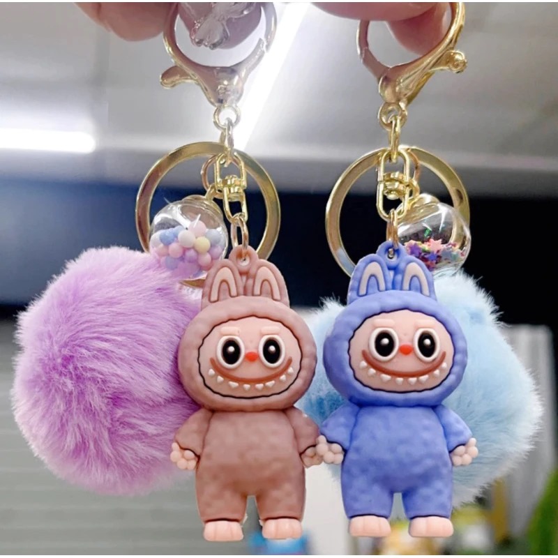 Gantungan Kunci Labubu + Pompom Bulu (104) - Aksesoris Keychain Lucu