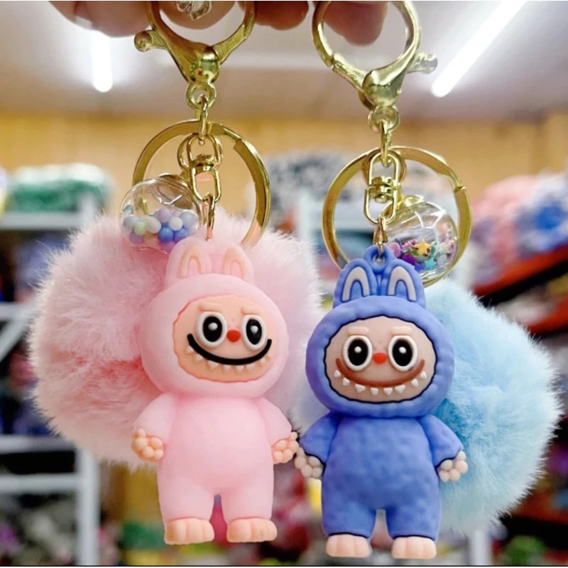 Gantungan Kunci Labubu + Pompom Bulu (104) - Aksesoris Keychain Lucu