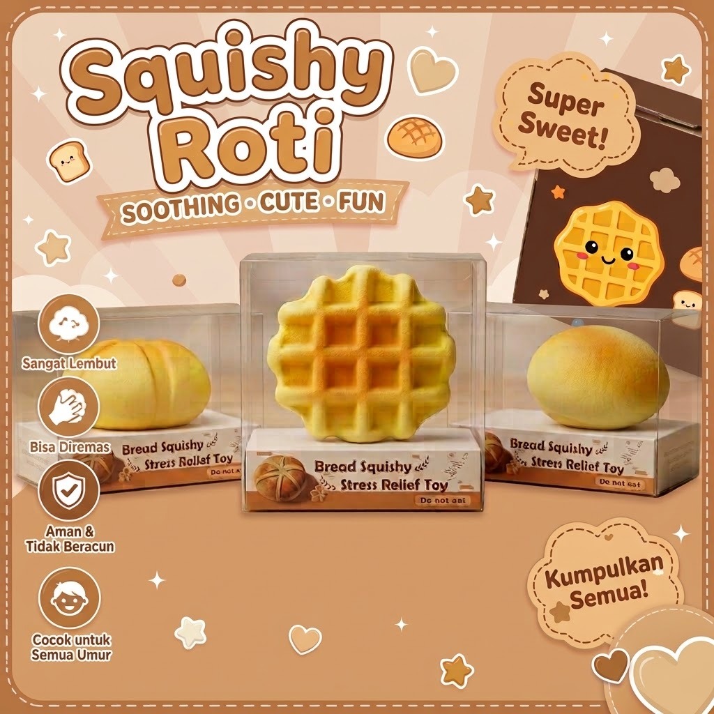 Mainan Squishy Roti 7cm + Box Mika (Fidget Toys Roti)