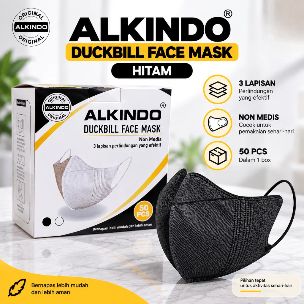 (ISI 50) Alkindo Masker Duckbill HITAM Dewasa - Disposable Mask