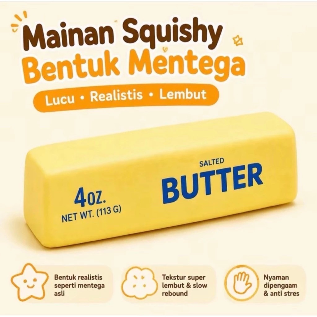 Mainan Squishy Salted Butter Kuning 10.5cm (Fidget Toys Mentega)
