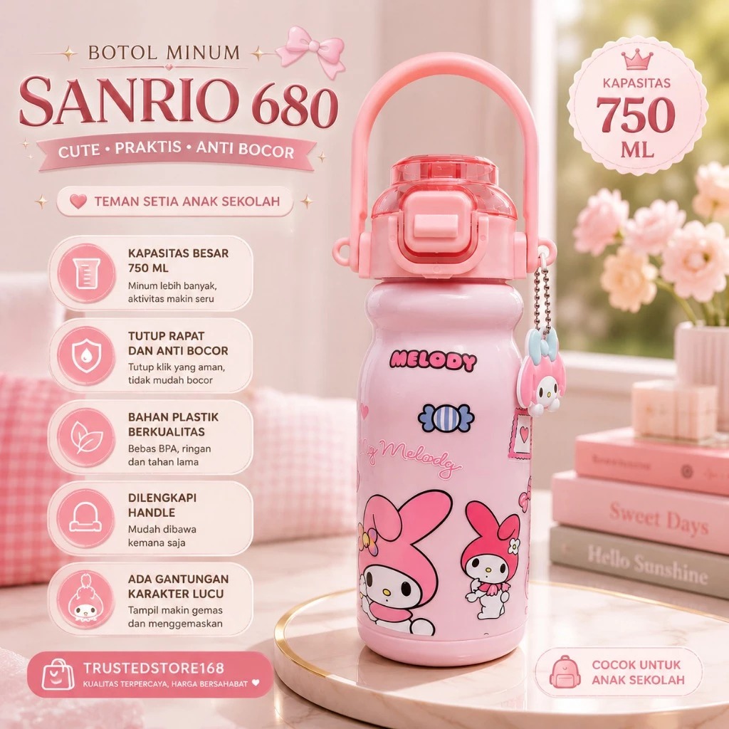 Botol Minum Anak Karakter Sanrio 750ml - My Melody PINK (Free Sedotan) (K680)