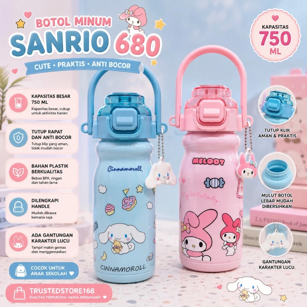 Botol Minum Anak Karakter Sanrio 750ml - My Melody PINK (Free Sedotan) (K680)