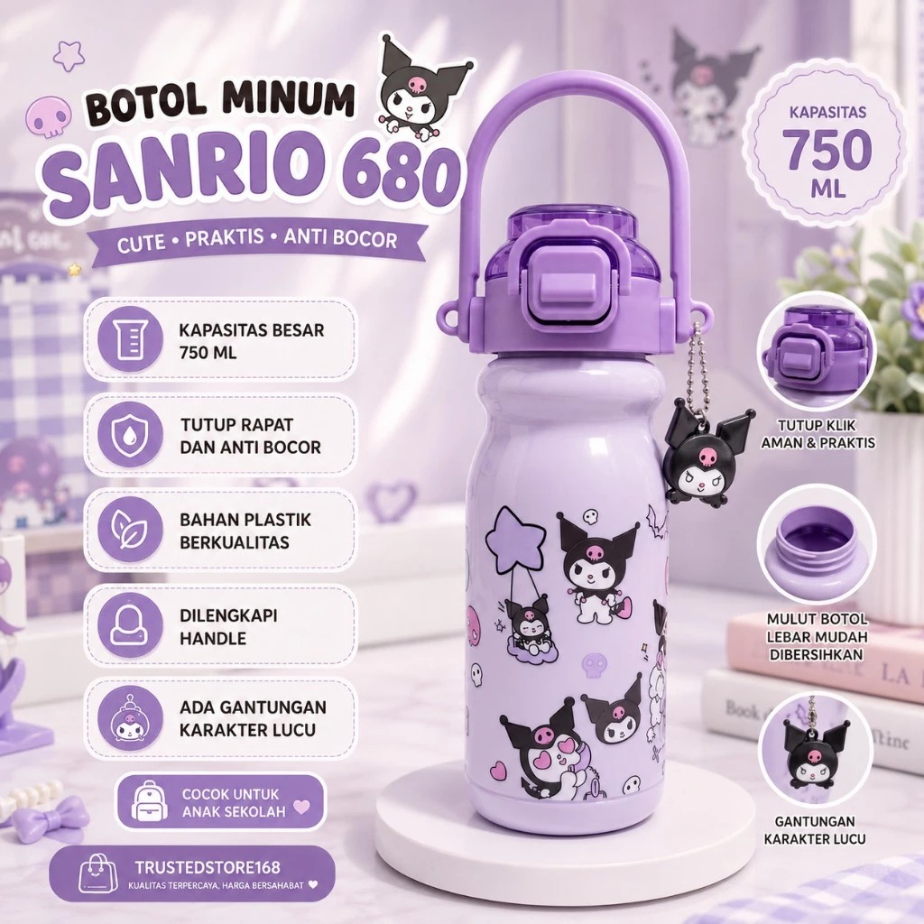Botol Minum Anak Karakter Sanrio 750ml - KUROMI UNGU (Free Sedotan) (K680)