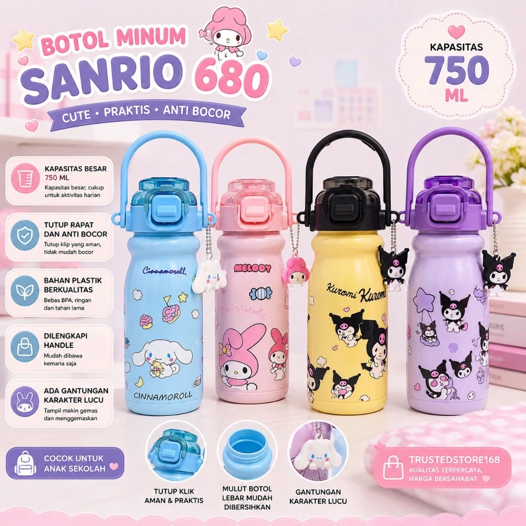 Botol Minum Anak Karakter Sanrio 750ml - KUROMI UNGU (Free Sedotan) (K680)