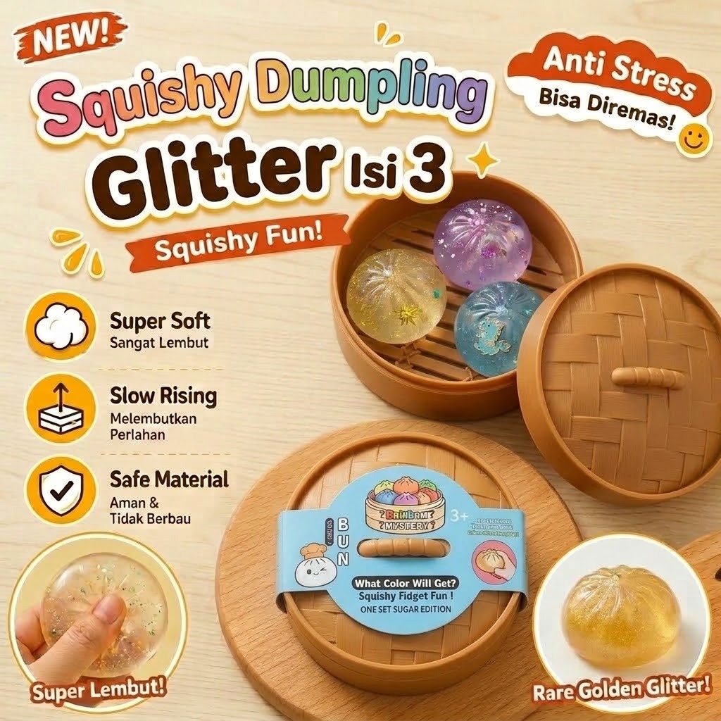 Mainan Squishy Dumpling Glitter 3in1 6.5cm (Fidget Toys Bakpao)
