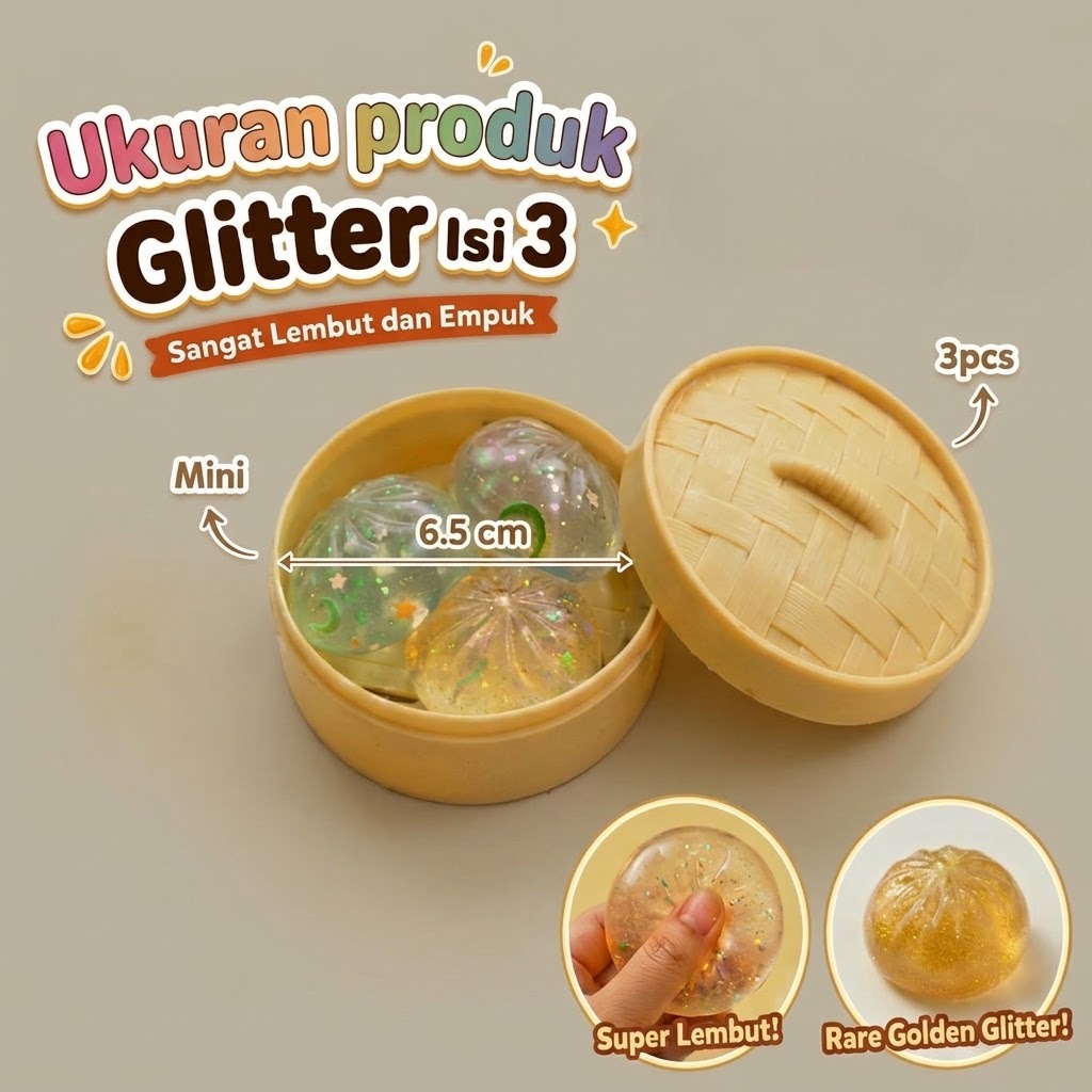 Mainan Squishy Dumpling Glitter 3in1 6.5cm (Fidget Toys Bakpao)