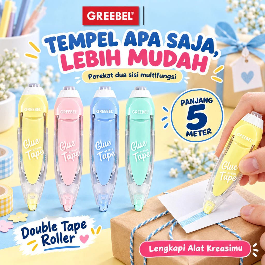 GREEBEL Glue Tape Pastel 5 Meter GT-501A (Lem Kertas Roller)
