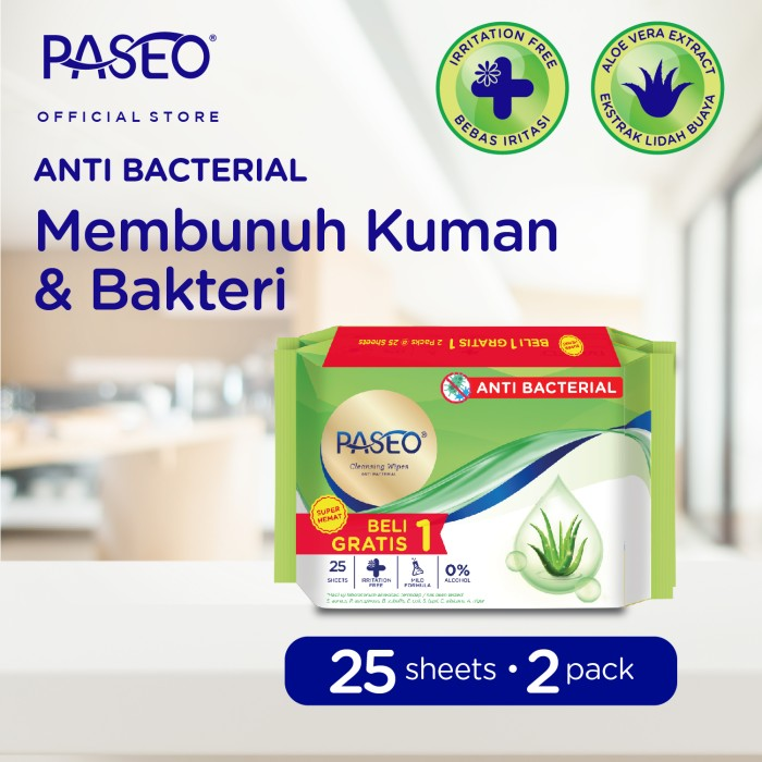 (Beli 1 Gratis 1) Tissue Paseo Cleansing Wipes Anti Bacterial 25s - Tisu Basah Paseo