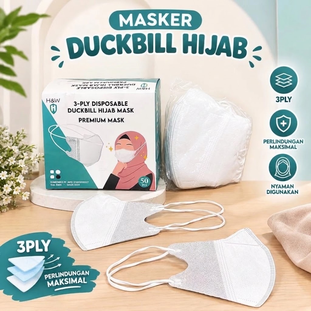 (Isi 50) Masker Duckbill Hijab 3Ply - Disposable Mask